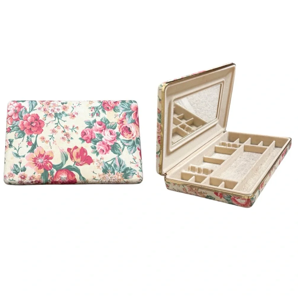 Vintage Jewelry Box Travel Hard Sided Hard Shell Pink Floral Fabric Case